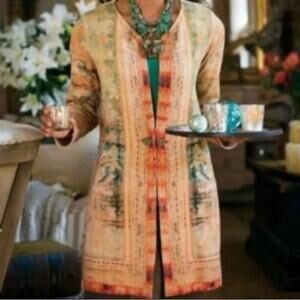 Soft Surroundings Label Noir Oushak Wool Blend Cardigan Tapestry Print Luxury